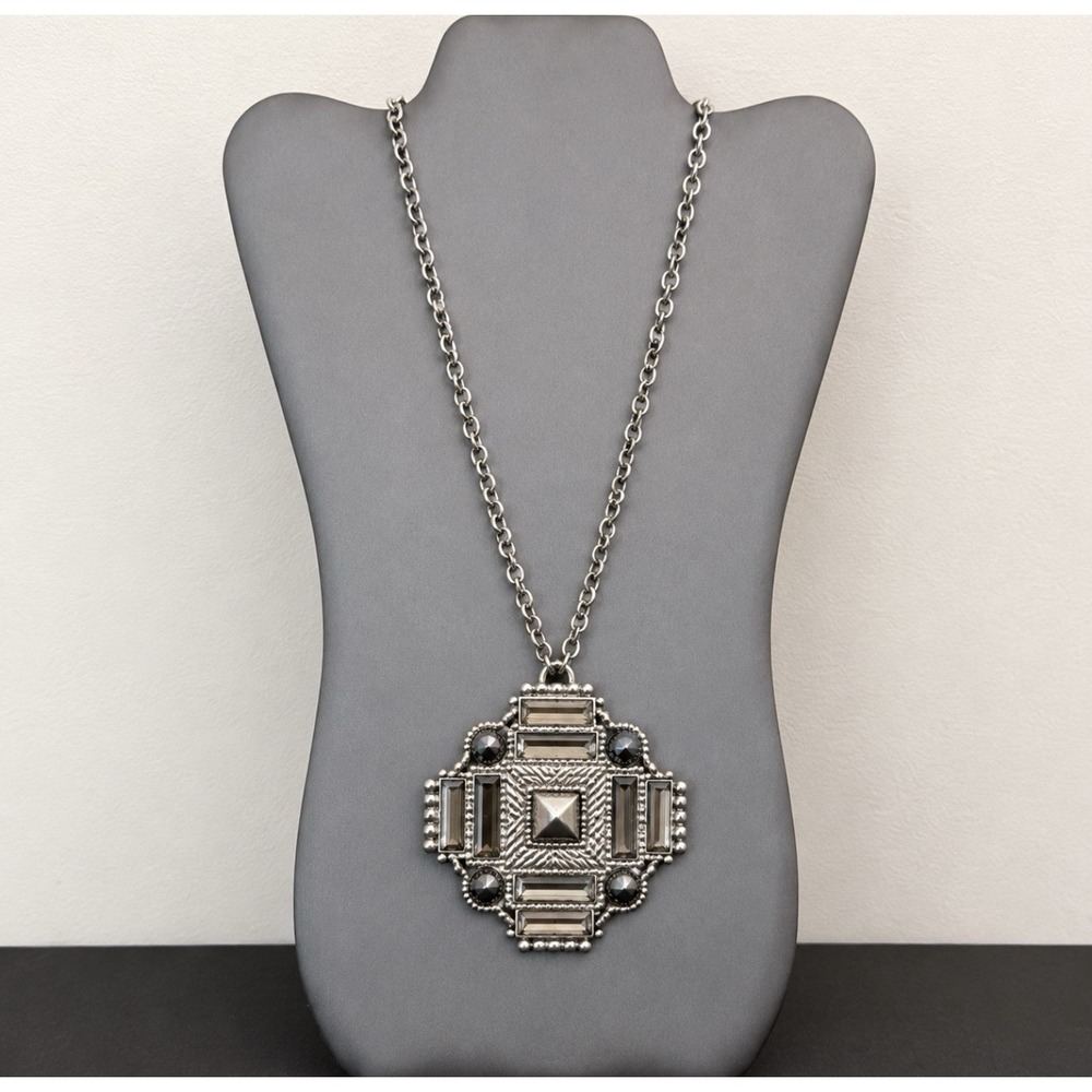 Vince Camuto Geometric Deco Statement Necklace Silver Tone Crystal Pendant 30"